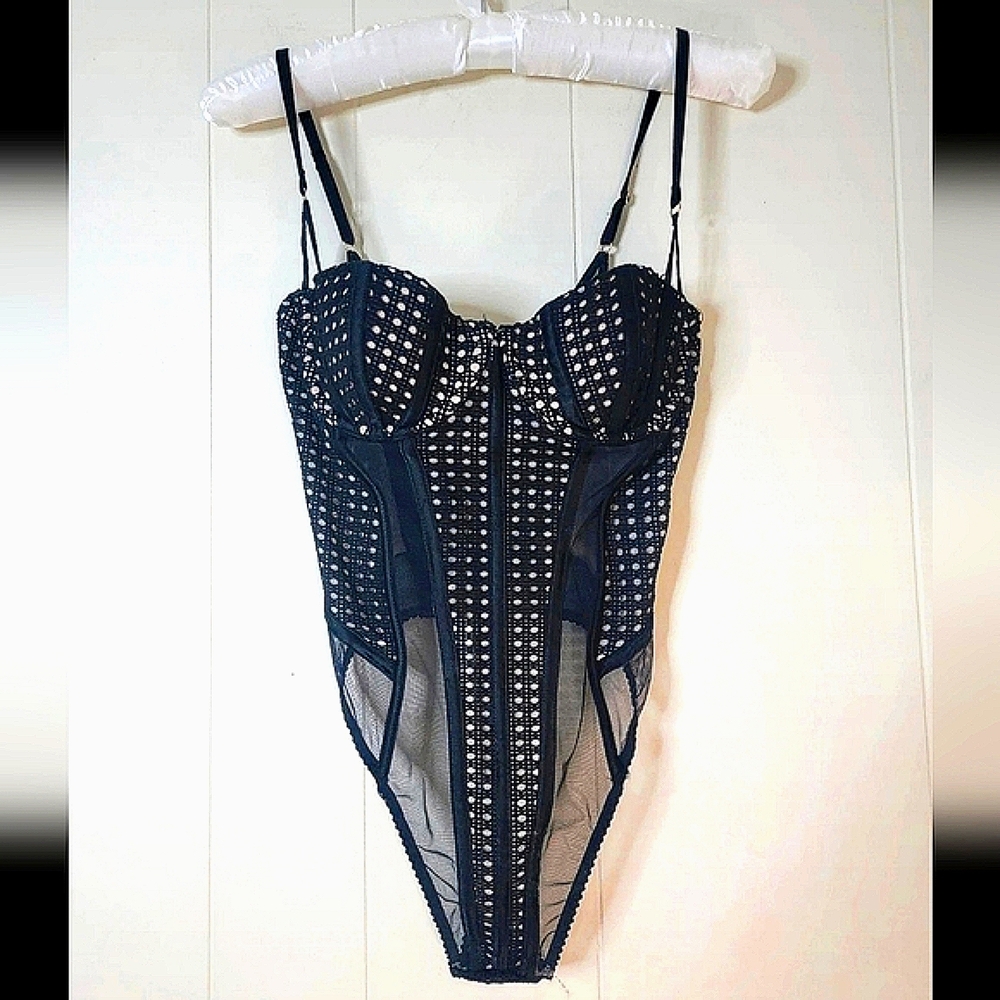 Victoria's Secret 34B Black Strappy Mesh Bodysuit Thong Lingerie